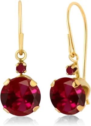 Gem Stone King 14K Yellow Gold Red Created Ruby and Red Ruby Leverback Dangle Earrings For Women (2.04 Cttw, Gemstone July Birthstone, Round 6MM and 1.5MM)