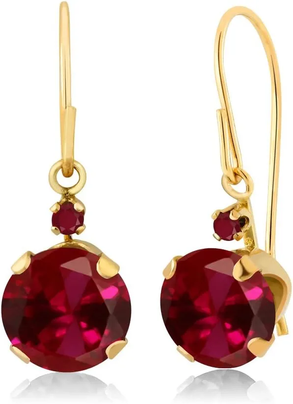 Gem Stone King 14K Yellow Gold Red Created Ruby and Red Ruby Leverback Dangle Earrings For Women (2.04 Cttw, Gemstone July Birthstone, Round 6MM and 1.5MM)