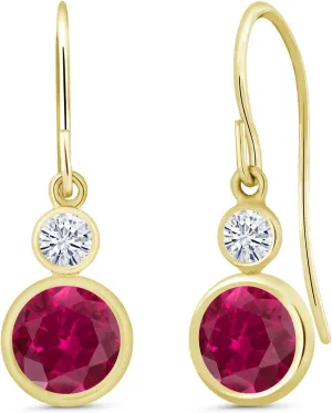 Gem Stone King 14K Yellow Gold Red Created Ruby and White Moissanite Drop Dangle Earrings For Women (2.20 Cttw, Gemstone July Birthstone, Round 6MM and 3MM)