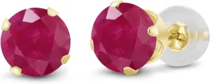 Gem Stone King 14K Yellow Gold Red Ruby Stud Earrings For Women Men | 1.12 Cttw | Gemstone Birthstone | Round Cut 5MM