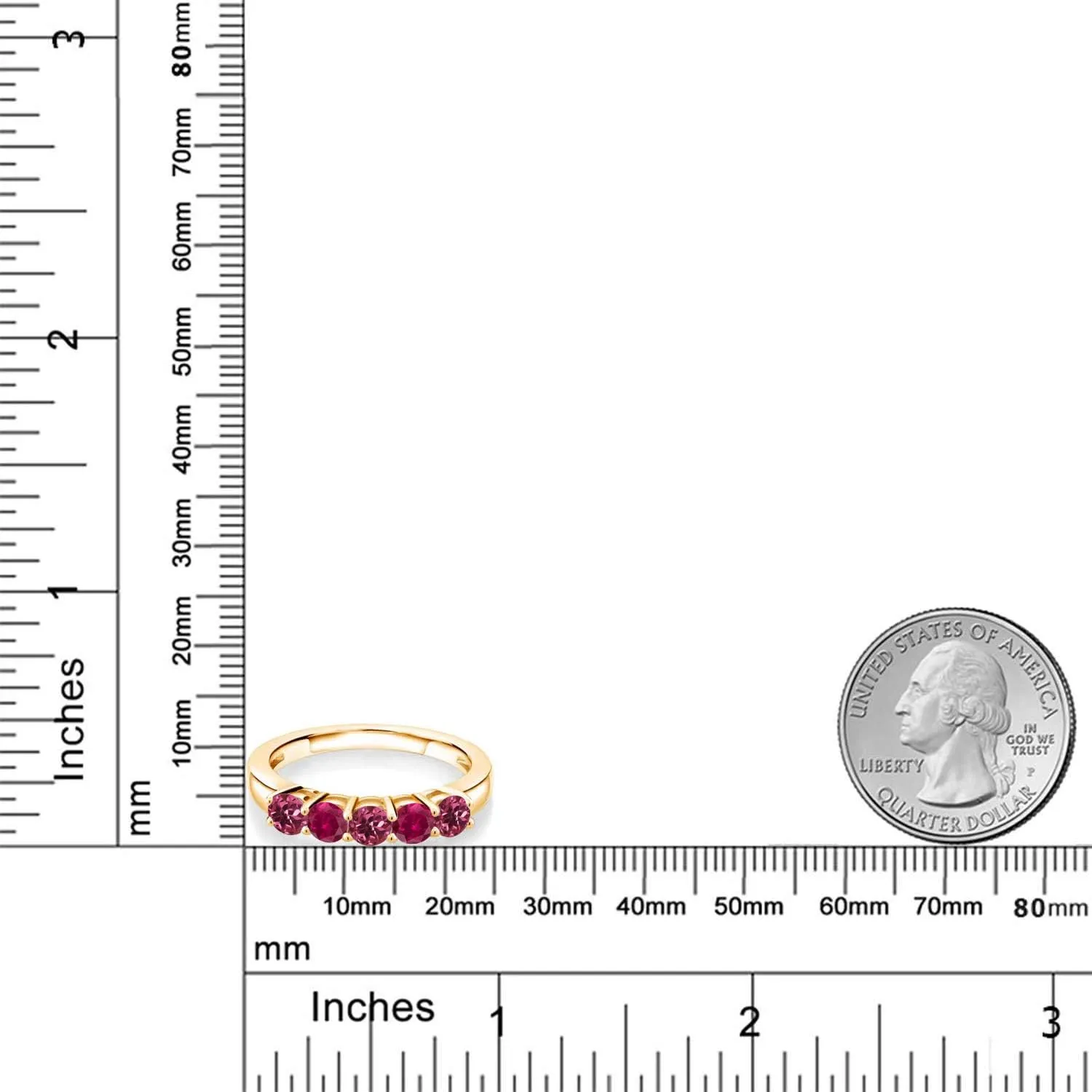 Gem Stone King 18K Yellow Gold Plated Silver Pink Tourmaline and Red Created Ruby Wedding Band Ring For Women (0.95 Cttw, Round 3.5MM, Gemstone October Birthstone, Available In Size 5, 6, 7, 8, 9)