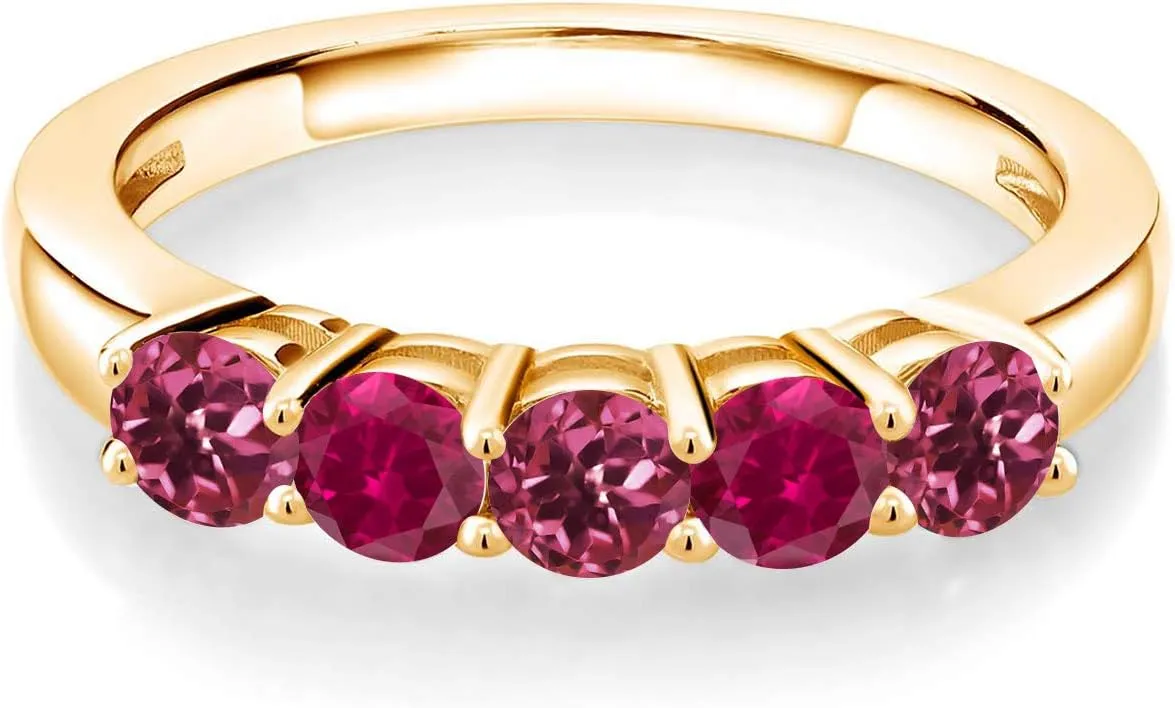 Gem Stone King 18K Yellow Gold Plated Silver Pink Tourmaline and Red Created Ruby Wedding Band Ring For Women (0.95 Cttw, Round 3.5MM, Gemstone October Birthstone, Available In Size 5, 6, 7, 8, 9)