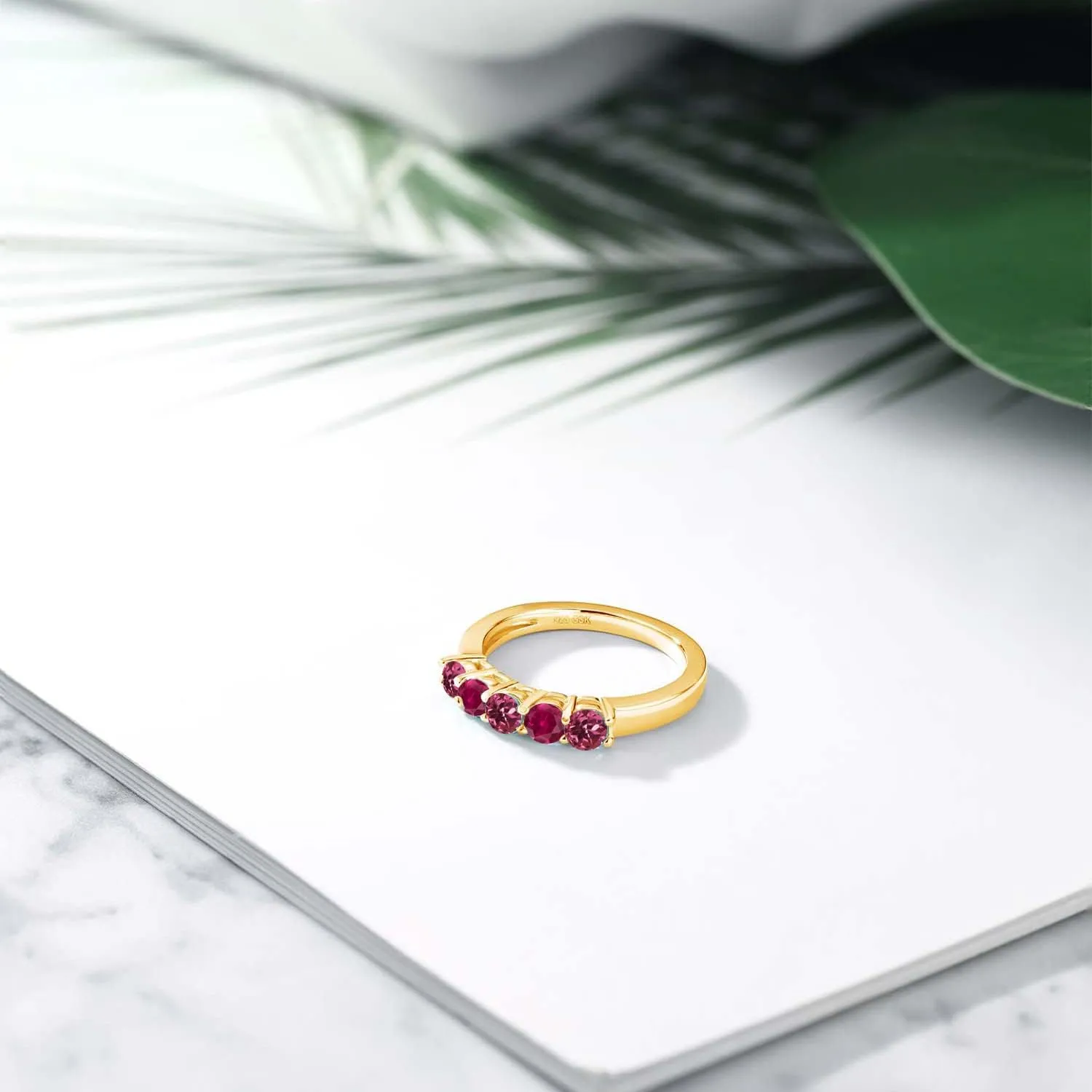 Gem Stone King 18K Yellow Gold Plated Silver Pink Tourmaline and Red Created Ruby Wedding Band Ring For Women (0.95 Cttw, Round 3.5MM, Gemstone October Birthstone, Available In Size 5, 6, 7, 8, 9)