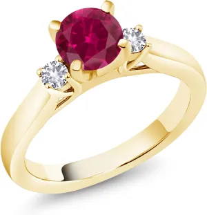Gem Stone King 18K Yellow Gold Plated Silver Red Created Ruby and White Created Sapphire 3-Stone Engagement Ring For Women (1.10 Cttw, Round 6MM, Gemstone July Birthstone, Available in Size 5,6,7,8,9)