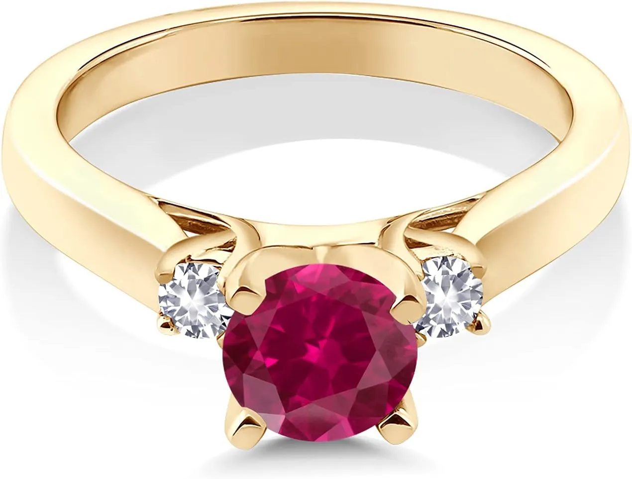 Gem Stone King 18K Yellow Gold Plated Silver Red Created Ruby and White Created Sapphire 3-Stone Engagement Ring For Women (1.10 Cttw, Round 6MM, Gemstone July Birthstone, Available in Size 5,6,7,8,9)