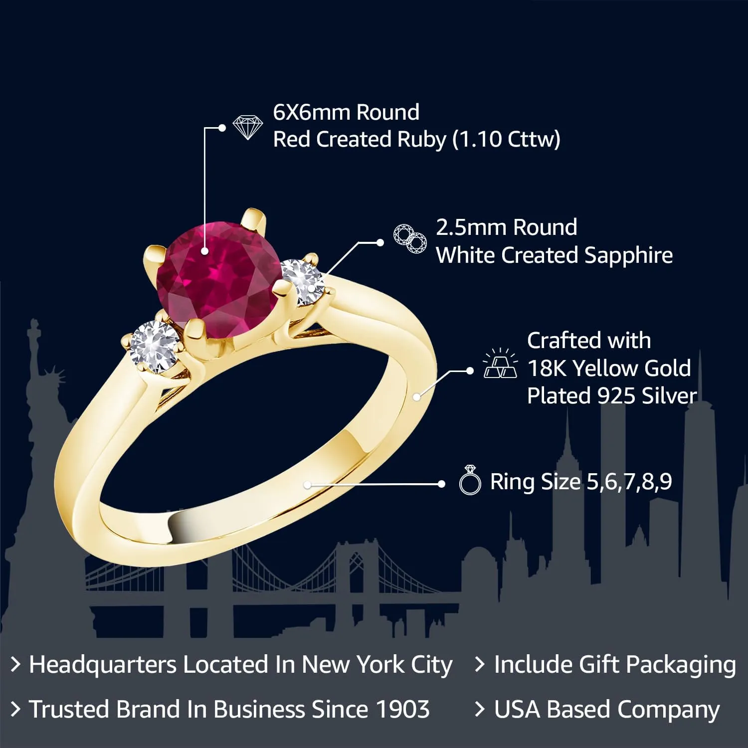 Gem Stone King 18K Yellow Gold Plated Silver Red Created Ruby and White Created Sapphire 3-Stone Engagement Ring For Women (1.10 Cttw, Round 6MM, Gemstone July Birthstone, Available in Size 5,6,7,8,9)