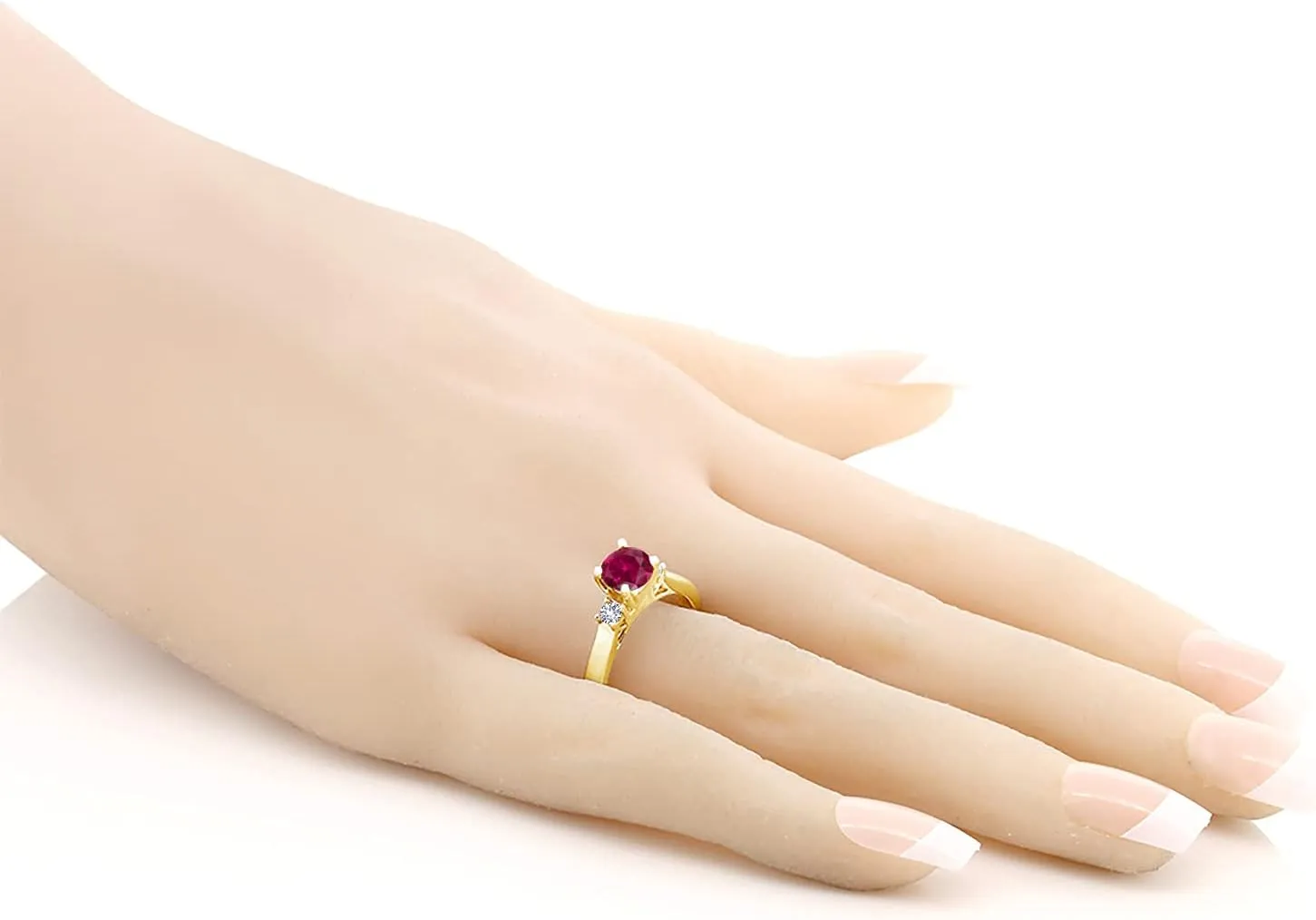 Gem Stone King 18K Yellow Gold Plated Silver Red Created Ruby and White Created Sapphire 3-Stone Engagement Ring For Women (1.10 Cttw, Round 6MM, Gemstone July Birthstone, Available in Size 5,6,7,8,9)