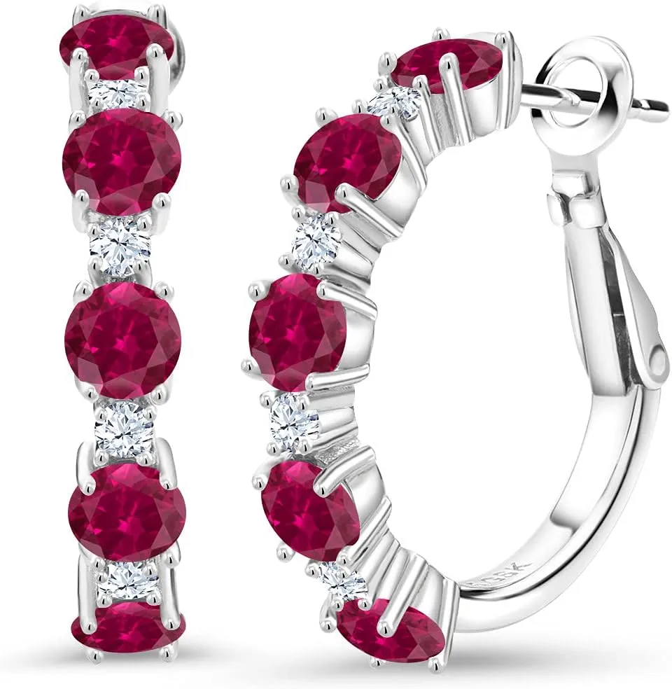 Gem Stone King 925 Sterling Silver Red Created Ruby and White Zirconia Hoop Earrings For Women (2.74 Cttw, Round 4MM and 1.9MM, 1 Inch Diameter)