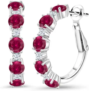 Gem Stone King 925 Sterling Silver Red Created Ruby and White Zirconia Hoop Earrings For Women (2.74 Cttw, Round 4MM and 1.9MM, 1 Inch Diameter)