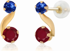 Gem Stone King 0.86 Cttw Round 4MM Red Ruby and Round 3MM Blue Sapphire 14K Yellow Gold Earrings for Women