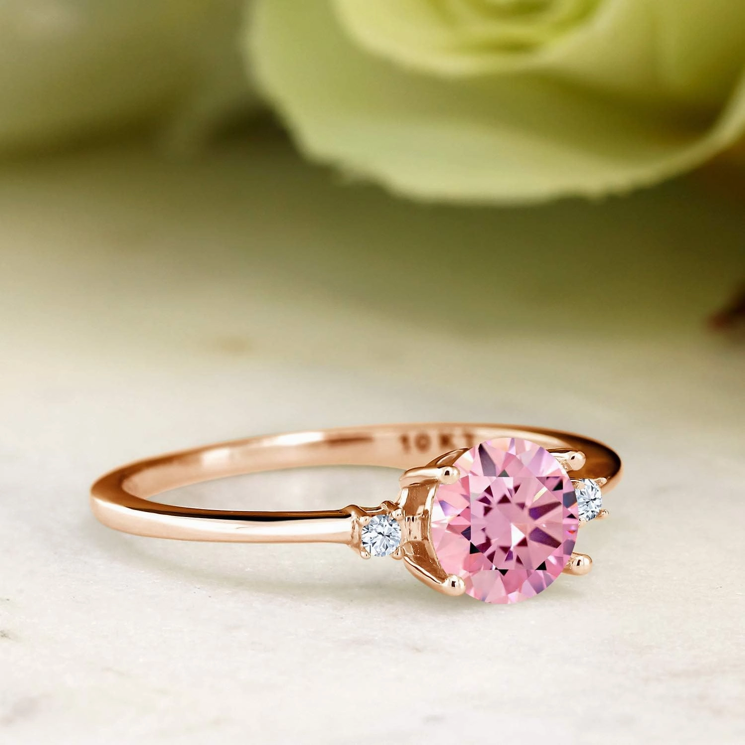 Gem Stone King 10K Rose Gold Pink Zirconia and White Created Sapphire Solitaire Engagement Ring For Women (1.53 Cttw, Round 6MM, Gemstone Birthstone, Available in Size 5,6,7,8,9)