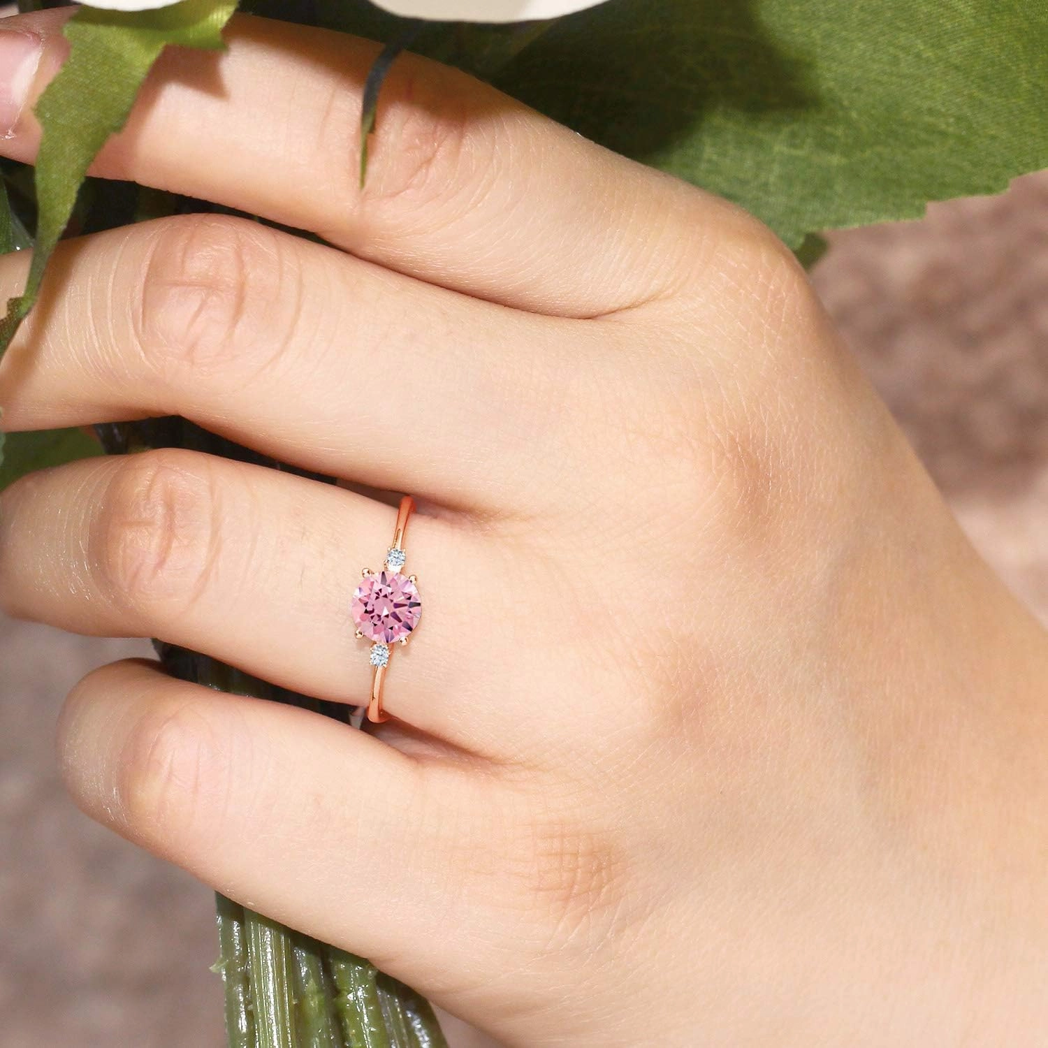 Gem Stone King 10K Rose Gold Pink Zirconia and White Created Sapphire Solitaire Engagement Ring For Women (1.53 Cttw, Round 6MM, Gemstone Birthstone, Available in Size 5,6,7,8,9)