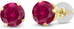 Gem Stone King 14K Yellow Gold Red Created Ruby Stud Earrings For Women Men (1.20 Cttw Round 5MM)