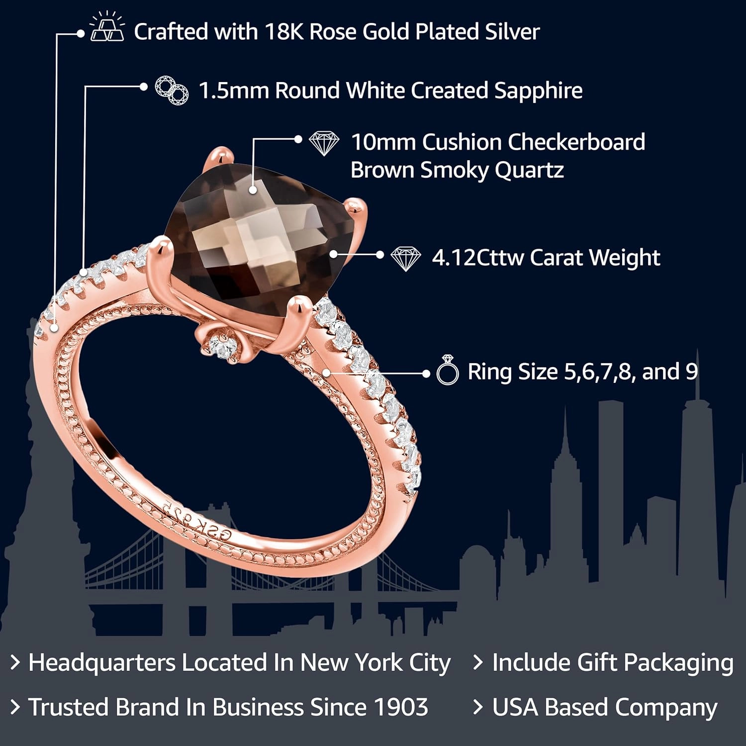 Gem Stone King 18K Rose Gold Plated Silver Cushion Checkerboard Brown Smoky Quartz and White Created Sapphire Ring For Women (4.12 Cttw, Gemstone Birthstone, Available In Size 5, 6, 7, 8, 9)
