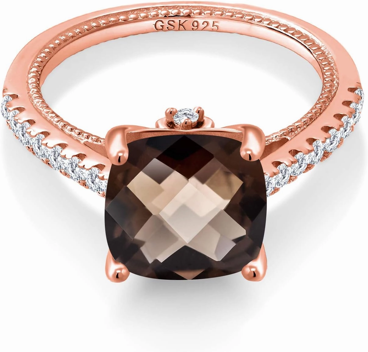 Gem Stone King 18K Rose Gold Plated Silver Cushion Checkerboard Brown Smoky Quartz and White Created Sapphire Ring For Women (4.12 Cttw, Gemstone Birthstone, Available In Size 5, 6, 7, 8, 9)