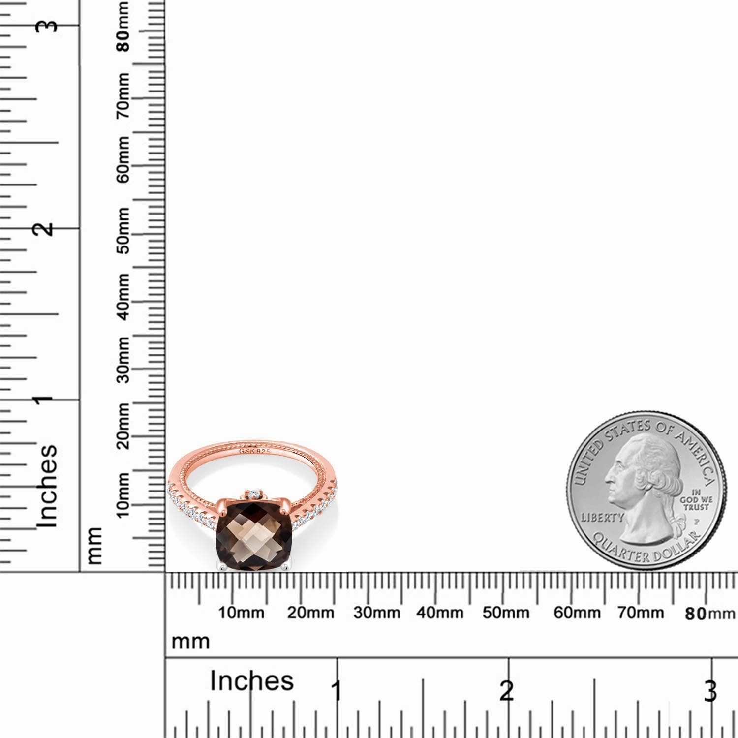 Gem Stone King 18K Rose Gold Plated Silver Cushion Checkerboard Brown Smoky Quartz and White Created Sapphire Ring For Women (4.12 Cttw, Gemstone Birthstone, Available In Size 5, 6, 7, 8, 9)