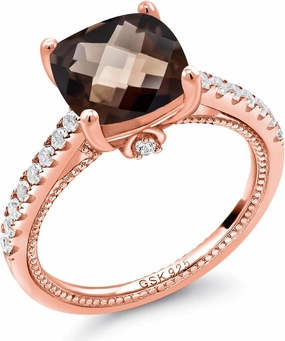 Gem Stone King 18K Rose Gold Plated Silver Cushion Checkerboard Brown Smoky Quartz and White Created Sapphire Ring For Women (4.12 Cttw, Gemstone Birthstone, Available In Size 5, 6, 7, 8, 9)