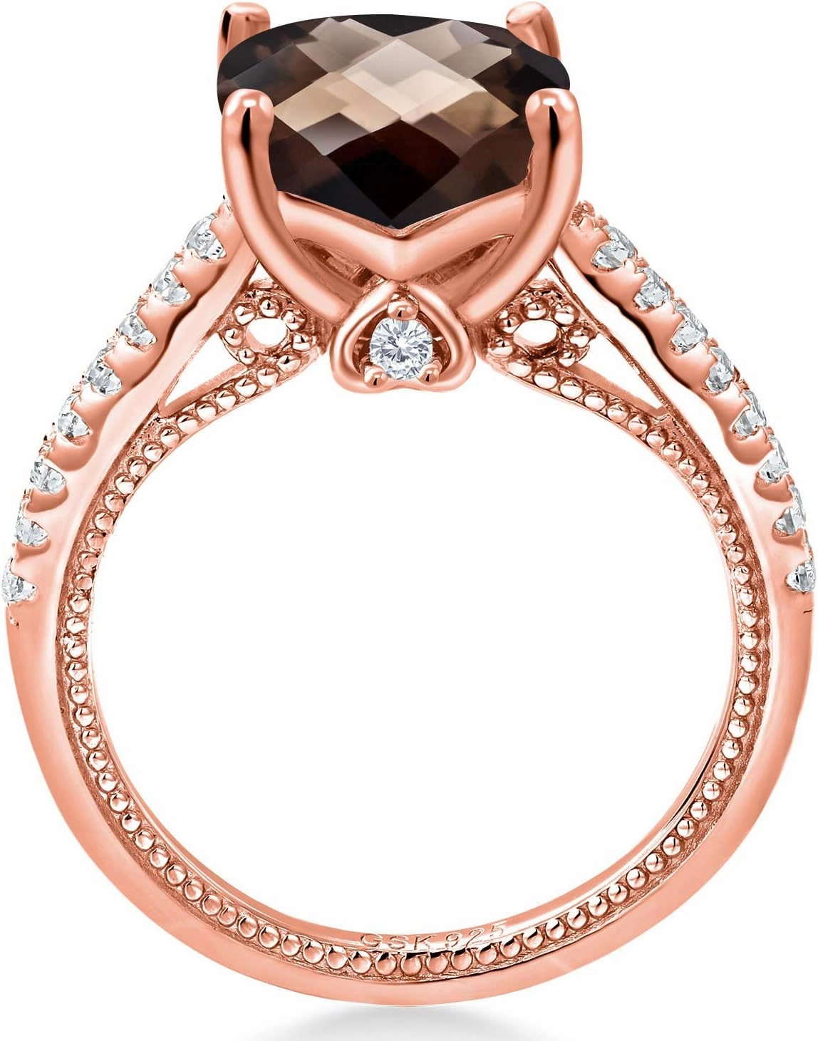 Gem Stone King 18K Rose Gold Plated Silver Cushion Checkerboard Brown Smoky Quartz and White Created Sapphire Ring For Women (4.12 Cttw, Gemstone Birthstone, Available In Size 5, 6, 7, 8, 9)
