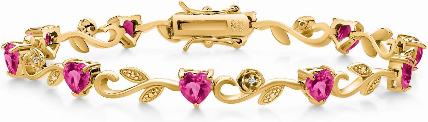 Gem Stone King 18K Yellow Gold Plated Silver Heart Shape Pink Created Sapphire and White Lab Grown Diamond Greek Vine Flower Tennis Bracelet For Women (6.04 Cttw, 7.5 Inch)