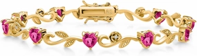 Gem Stone King 18K Yellow Gold Plated Silver Heart Shape Pink Created Sapphire and White Lab Grown Diamond Greek Vine Flower Tennis Bracelet For Women (6.04 Cttw, 7.5 Inch)