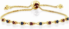 Gem Stone King 18K Yellow Gold Plated Silver Red Rhodolite Garnet and Blue Sapphire Tennis Bracelet For Women (0.75 Cttw, Gemstone Birthstone, Fully Adjustable Up to 9 Inch)