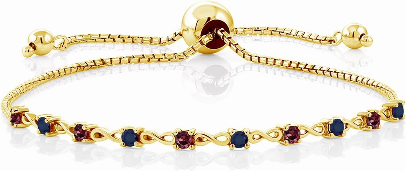 Gem Stone King 18K Yellow Gold Plated Silver Red Rhodolite Garnet and Blue Sapphire Tennis Bracelet For Women (0.75 Cttw, Gemstone Birthstone, Fully Adjustable Up to 9 Inch)