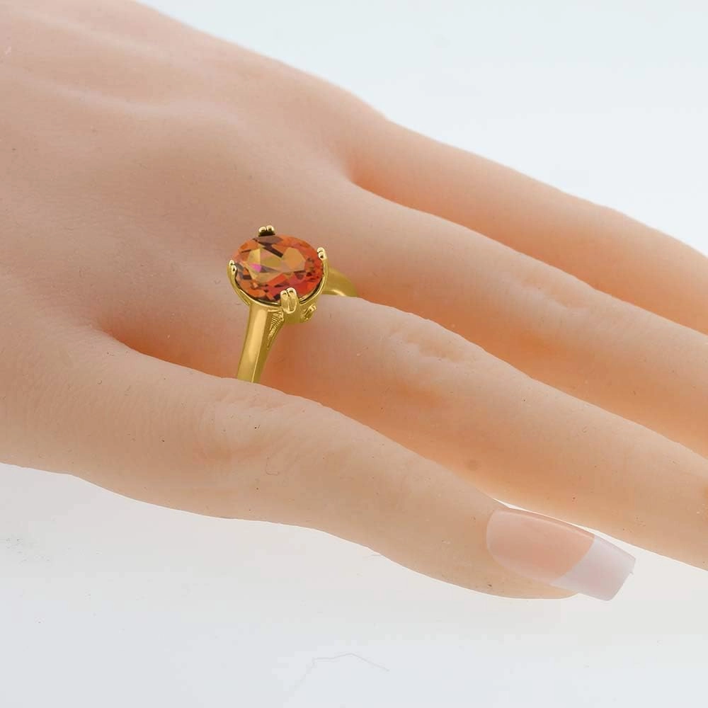 Gem Stone King 18K Yellow Gold Plated Silver Twilight Orange Mystic Quartz and White Created Sapphire Solitaire Ring For Women | 3.63 Cttw | Gemstone Birthstone | Available In Size 5, 6, 7, 8, 9