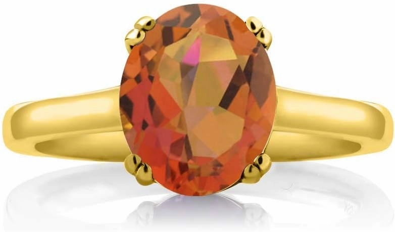 Gem Stone King 18K Yellow Gold Plated Silver Twilight Orange Mystic Quartz and White Created Sapphire Solitaire Ring For Women | 3.63 Cttw | Gemstone Birthstone | Available In Size 5, 6, 7, 8, 9