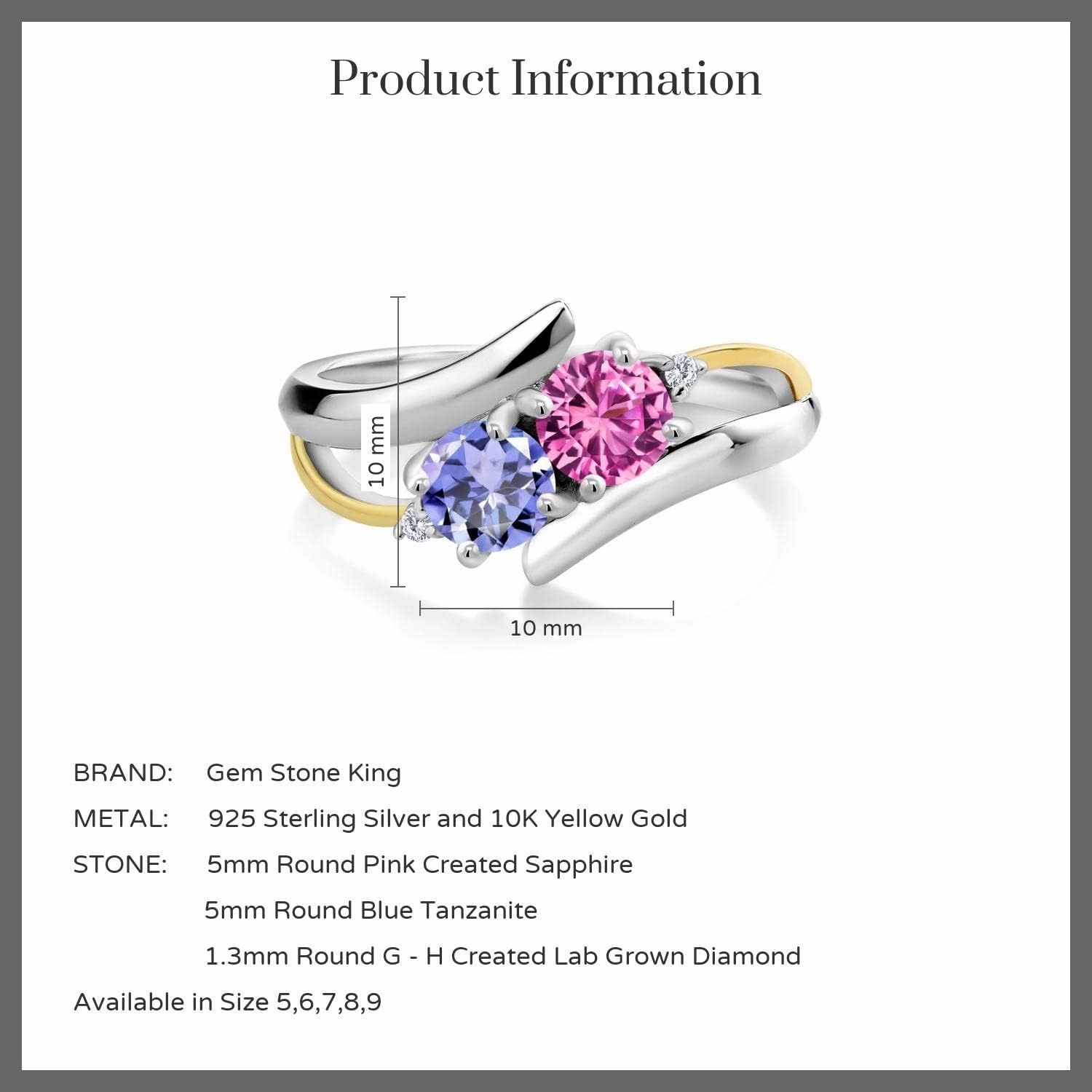 Gem Stone King 925 Silver and 10K Yellow Gold Pink Created Sapphire Blue Tanzanite and White Lab Grown Diamond 2 Stone Crossover Ring For Women (1.03 Cttw, Available In Size 5, 6, 7, 8, 9)