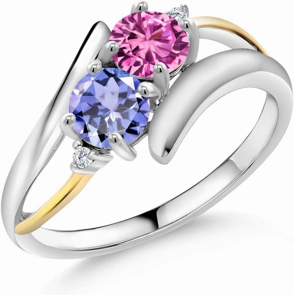 Gem Stone King 925 Silver and 10K Yellow Gold Pink Created Sapphire Blue Tanzanite and White Lab Grown Diamond 2 Stone Crossover Ring For Women (1.03 Cttw, Available In Size 5, 6, 7, 8, 9)