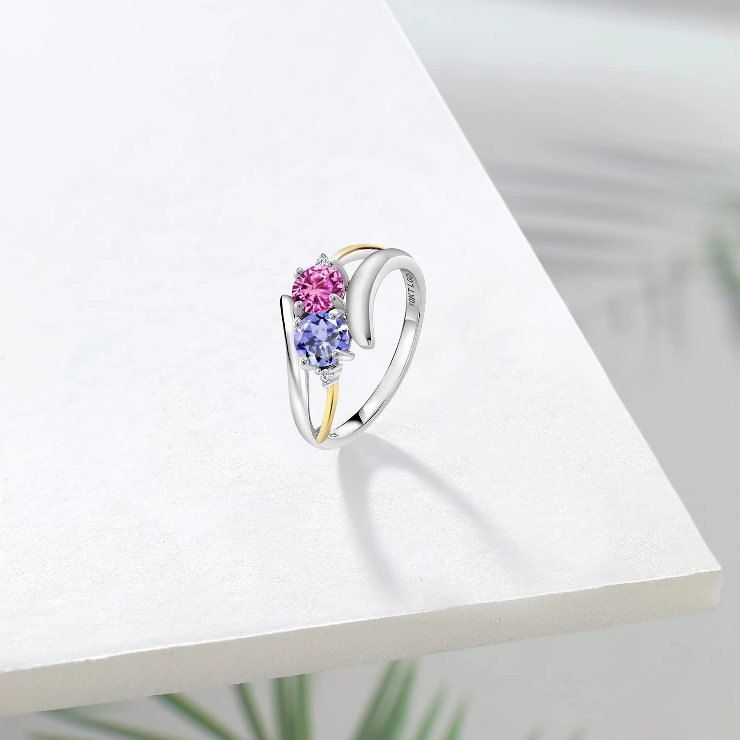 Gem Stone King 925 Silver and 10K Yellow Gold Pink Created Sapphire Blue Tanzanite and White Lab Grown Diamond 2 Stone Crossover Ring For Women (1.03 Cttw, Available In Size 5, 6, 7, 8, 9)
