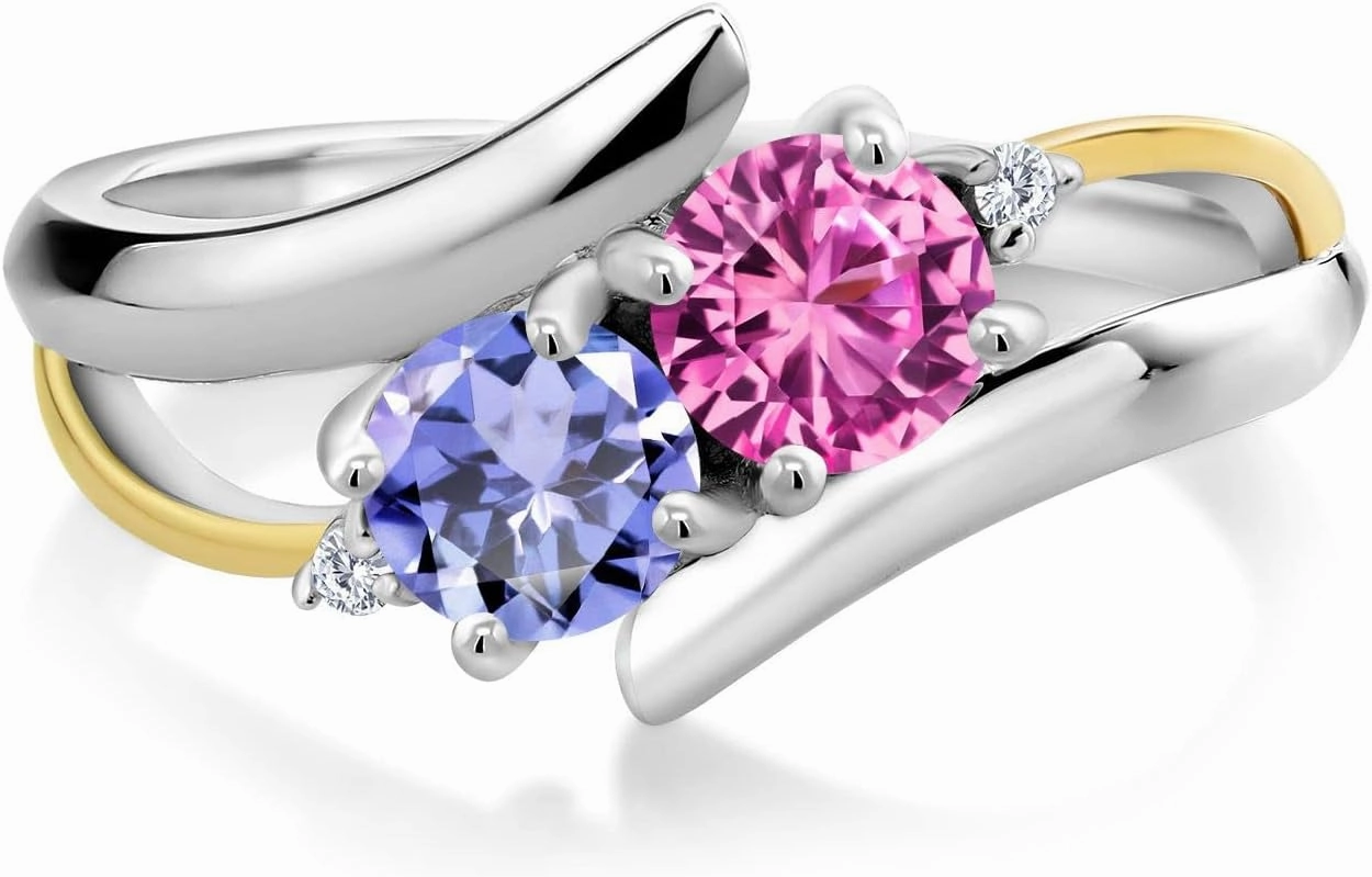 Gem Stone King 925 Silver and 10K Yellow Gold Pink Created Sapphire Blue Tanzanite and White Lab Grown Diamond 2 Stone Crossover Ring For Women (1.03 Cttw, Available In Size 5, 6, 7, 8, 9)