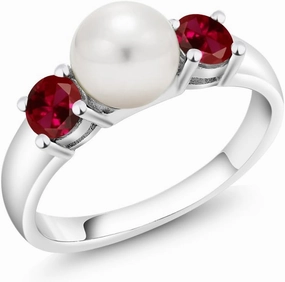 Gem Stone King 925 Sterling Silver Freshwater Pearl and Red Created Ruby Ring For Women (0.80 Cttw, Gemstone July Birthstone, Available in Size 5,6,7,8,9)
