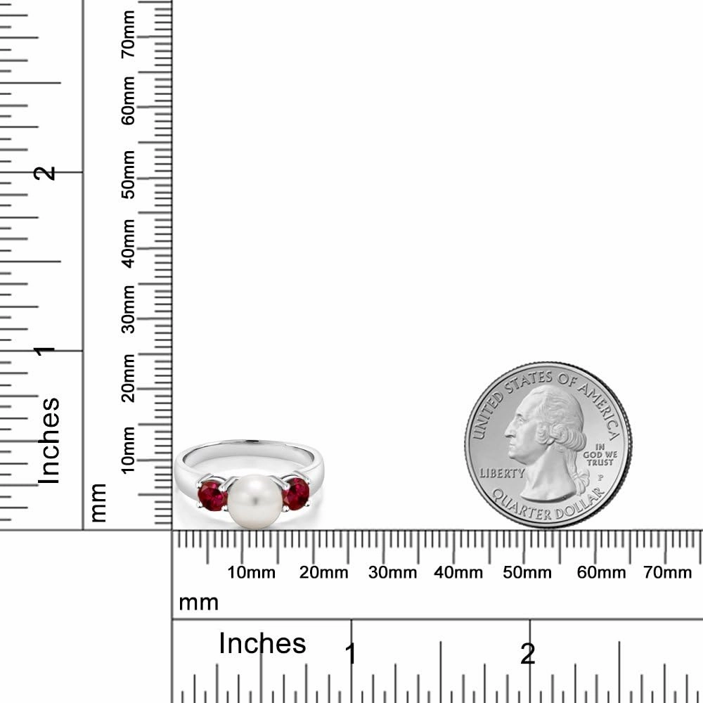 Gem Stone King 925 Sterling Silver Freshwater Pearl and Red Created Ruby Ring For Women (0.80 Cttw, Gemstone July Birthstone, Available in Size 5,6,7,8,9)