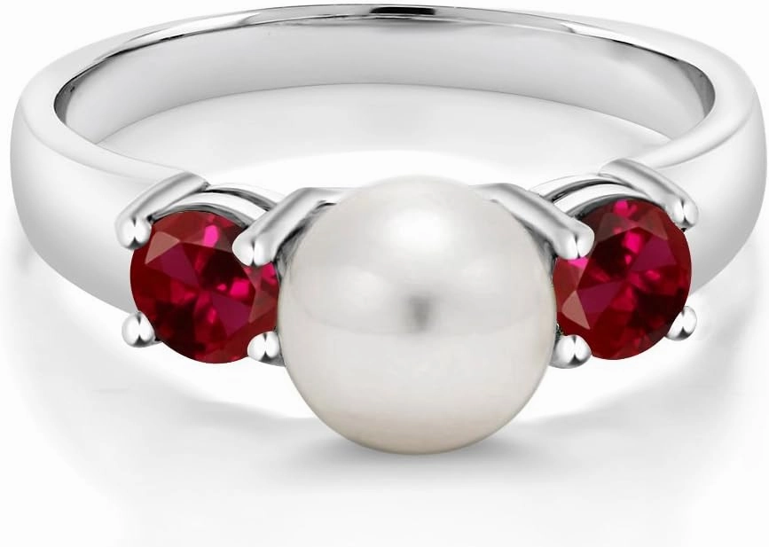 Gem Stone King 925 Sterling Silver Freshwater Pearl and Red Created Ruby Ring For Women (0.80 Cttw, Gemstone July Birthstone, Available in Size 5,6,7,8,9)