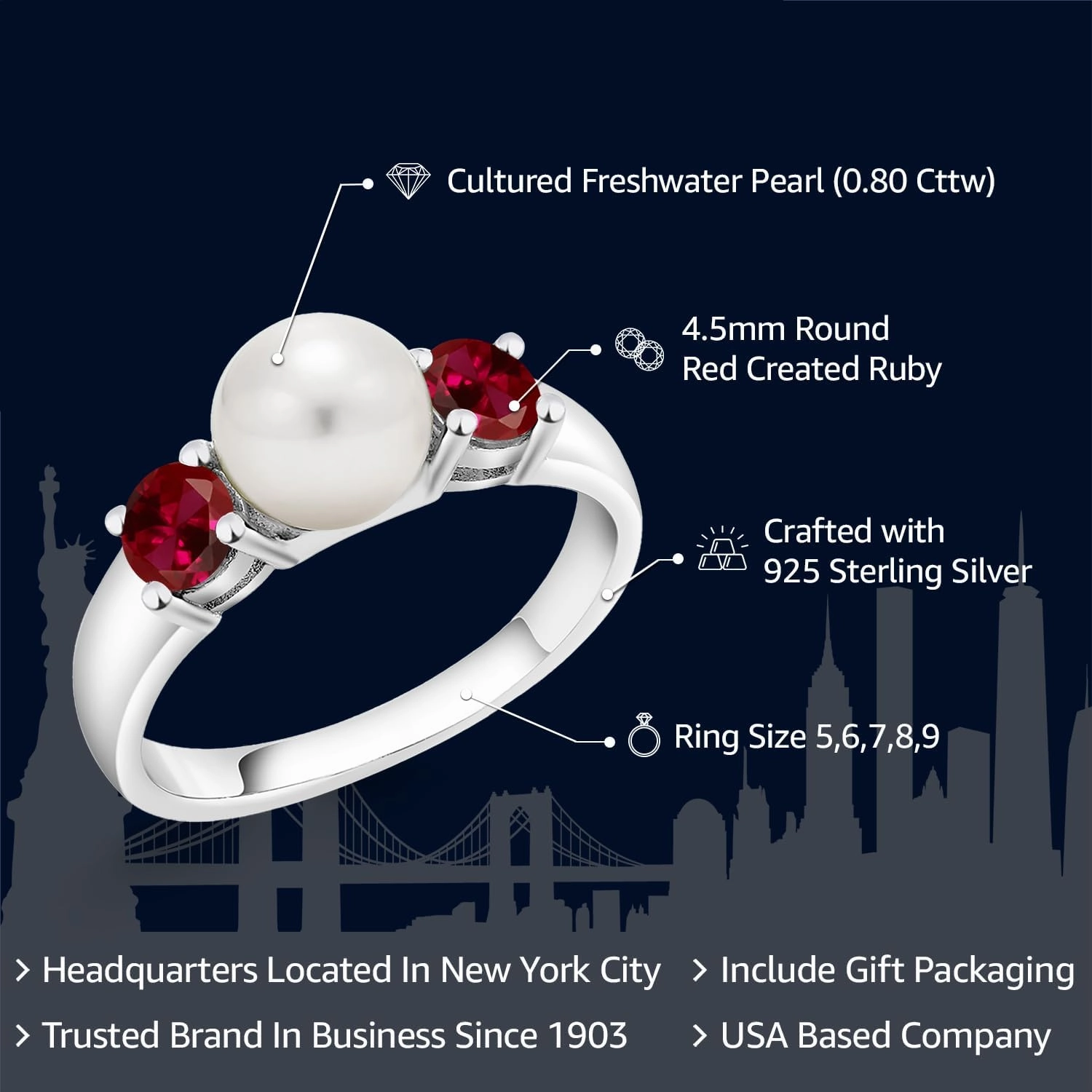 Gem Stone King 925 Sterling Silver Freshwater Pearl and Red Created Ruby Ring For Women (0.80 Cttw, Gemstone July Birthstone, Available in Size 5,6,7,8,9)