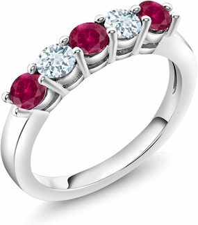 Gem Stone King 925 Sterling Silver Red Created Ruby and Sky Blue Aquamarine 5-Stone Wedding Anniversary Band Ring For Women (1.09 Cttw, Gemstone July Birthstone, Available In Size 5, 6, 7, 8, 9)