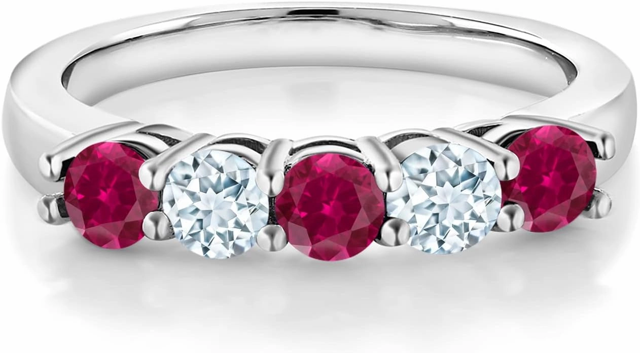 Gem Stone King 925 Sterling Silver Red Created Ruby and Sky Blue Aquamarine 5-Stone Wedding Anniversary Band Ring For Women (1.09 Cttw, Gemstone July Birthstone, Available In Size 5, 6, 7, 8, 9)