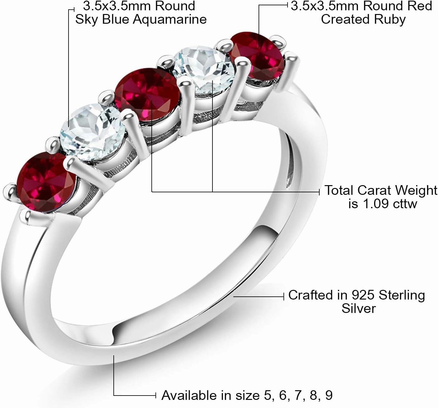 Gem Stone King 925 Sterling Silver Red Created Ruby and Sky Blue Aquamarine 5-Stone Wedding Anniversary Band Ring For Women (1.09 Cttw, Gemstone July Birthstone, Available In Size 5, 6, 7, 8, 9)