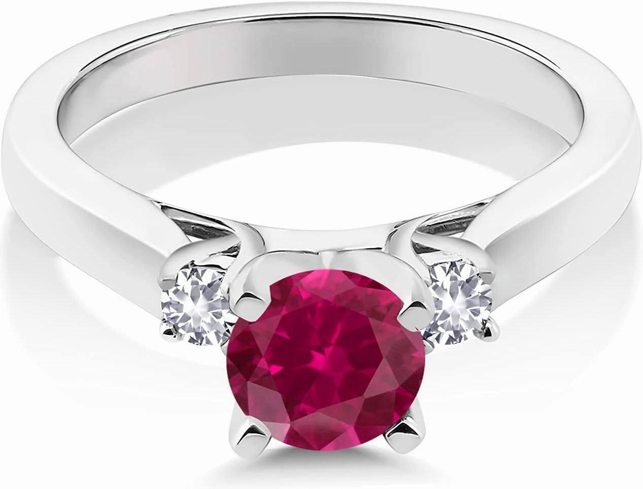 Gem Stone King 925 Sterling Silver Red Created Ruby and White Created Sapphire 3-Stone Engagement Ring For Women (1.10 Cttw, Round 6MM, Gemstone July Birthstone, Available in Size 5,6,7,8,9)