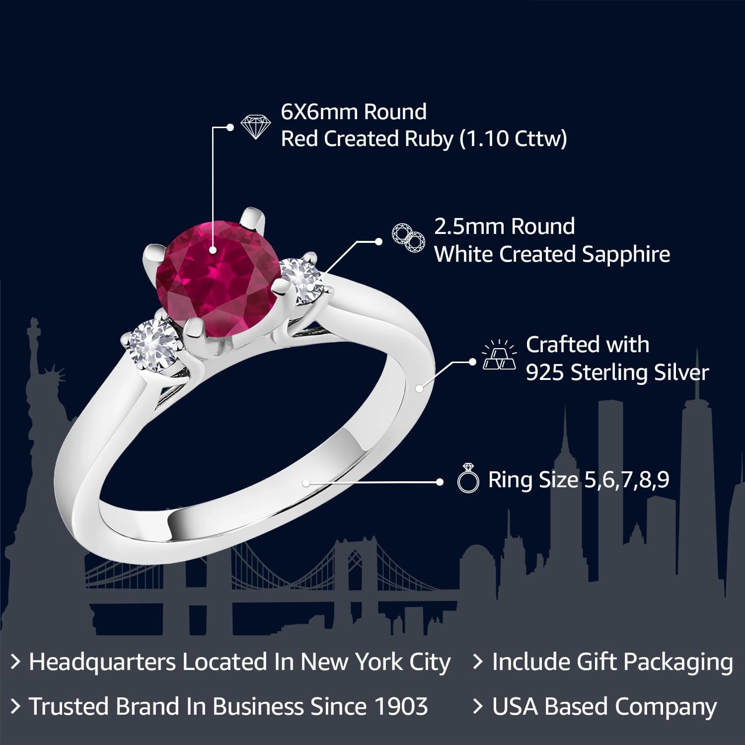 Gem Stone King 925 Sterling Silver Red Created Ruby and White Created Sapphire 3-Stone Engagement Ring For Women (1.10 Cttw, Round 6MM, Gemstone July Birthstone, Available in Size 5,6,7,8,9)
