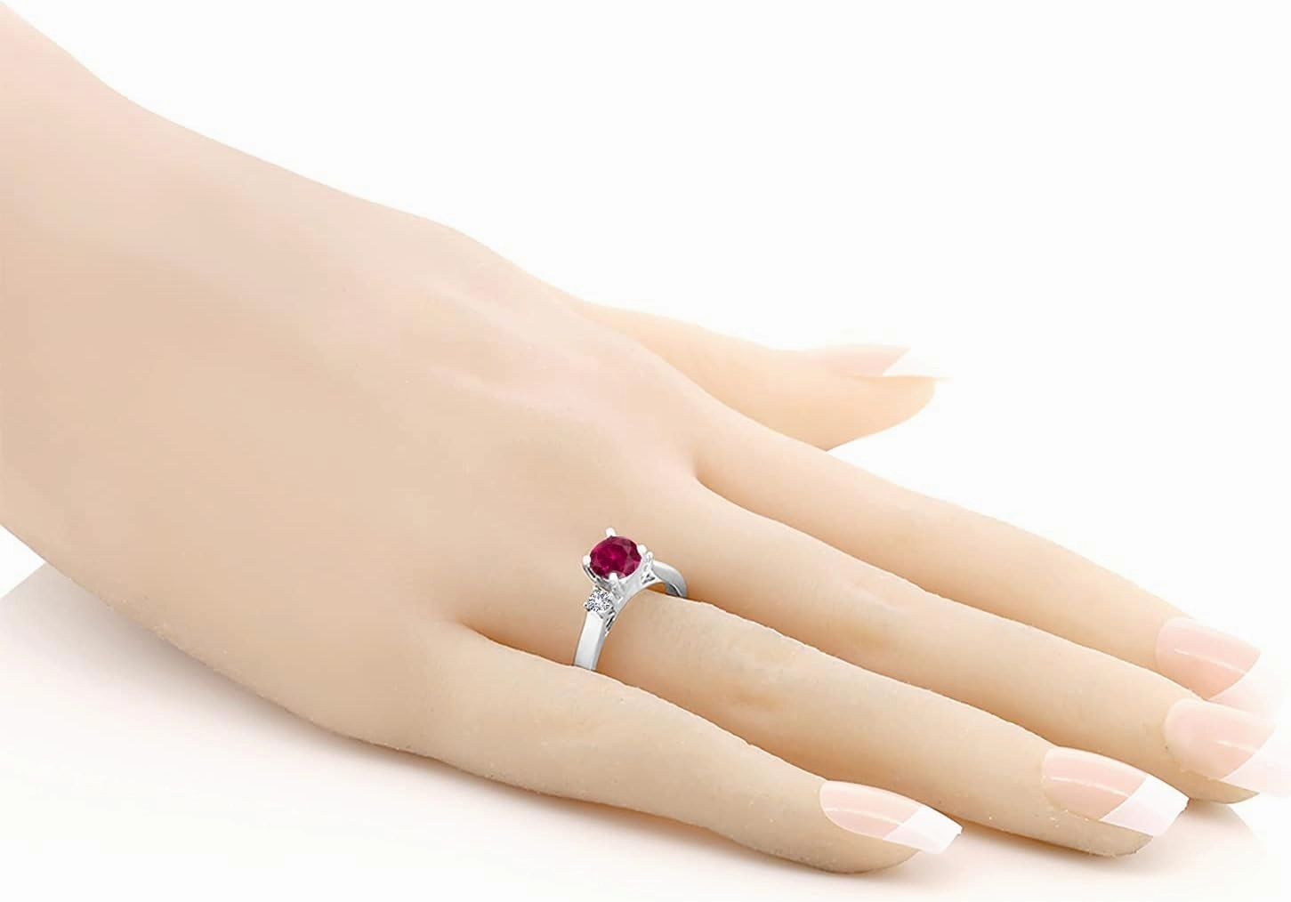 Gem Stone King 925 Sterling Silver Red Created Ruby and White Created Sapphire 3-Stone Engagement Ring For Women (1.10 Cttw, Round 6MM, Gemstone July Birthstone, Available in Size 5,6,7,8,9)