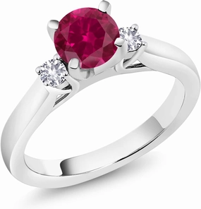 Gem Stone King 925 Sterling Silver Red Created Ruby and White Created Sapphire 3-Stone Engagement Ring For Women (1.10 Cttw, Round 6MM, Gemstone July Birthstone, Available in Size 5,6,7,8,9)