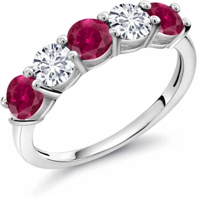 Gem Stone King 925 Sterling Silver Red Created Ruby and White Lab Grown Diamond Wedding Band Ring For Women (1.09 Cttw, Round 3.5MM, Gemstone July Birthstone, Available In Size 5, 6, 7, 8, 9)