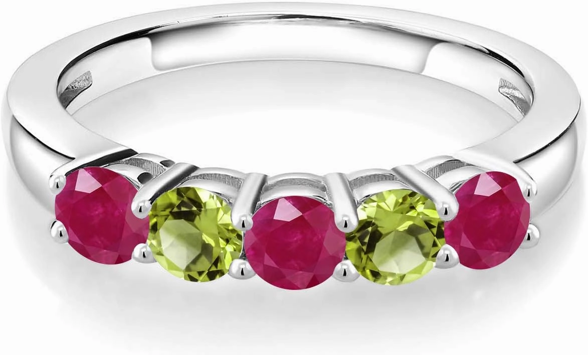Gem Stone King 925 Sterling Silver Red Ruby and Green Peridot Wedding Band Ring For Women (1.16 Cttw, Round 3.5MM, Gemstone July Birthstone, Available In Size 5, 6, 7, 8, 9)