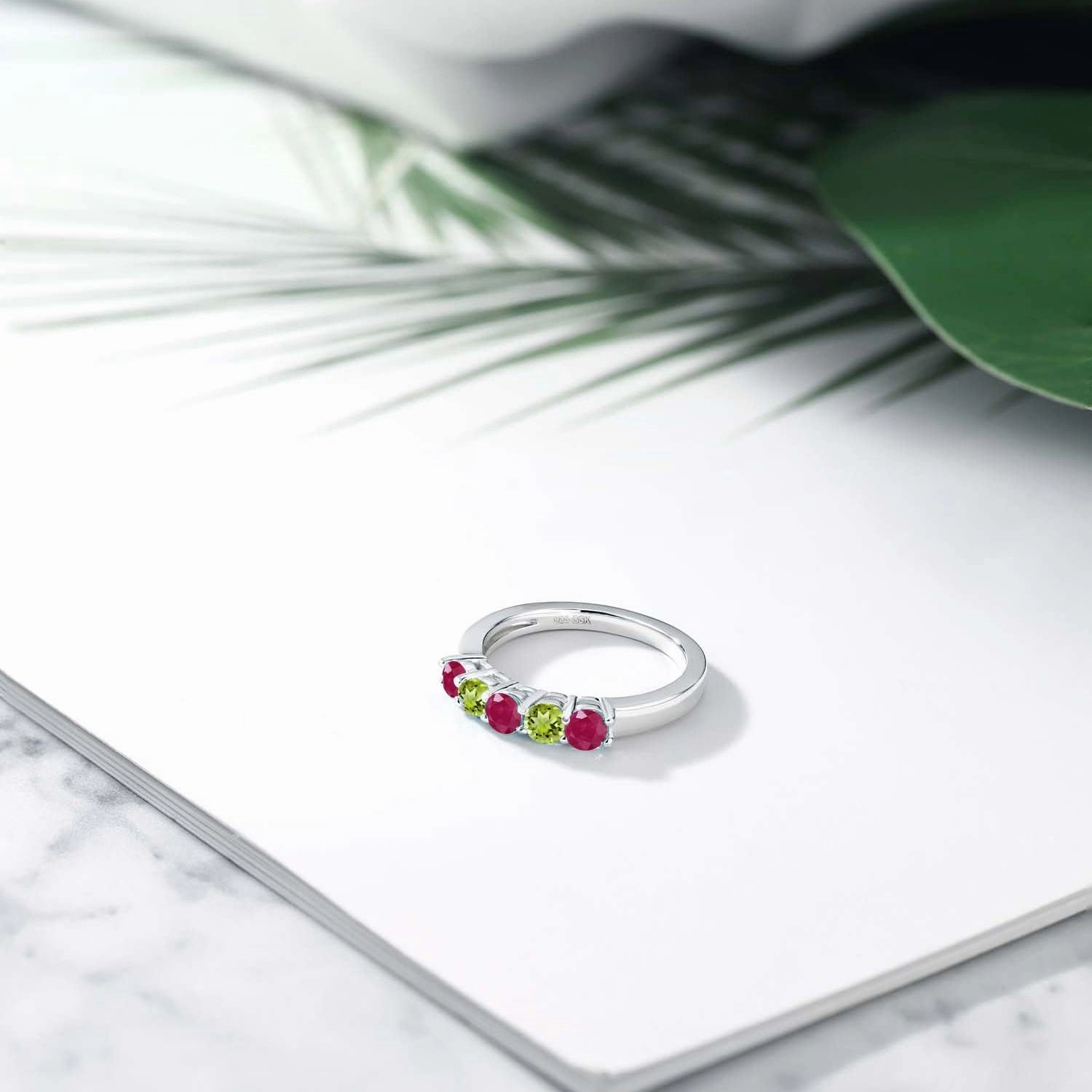 Gem Stone King 925 Sterling Silver Red Ruby and Green Peridot Wedding Band Ring For Women (1.16 Cttw, Round 3.5MM, Gemstone July Birthstone, Available In Size 5, 6, 7, 8, 9)