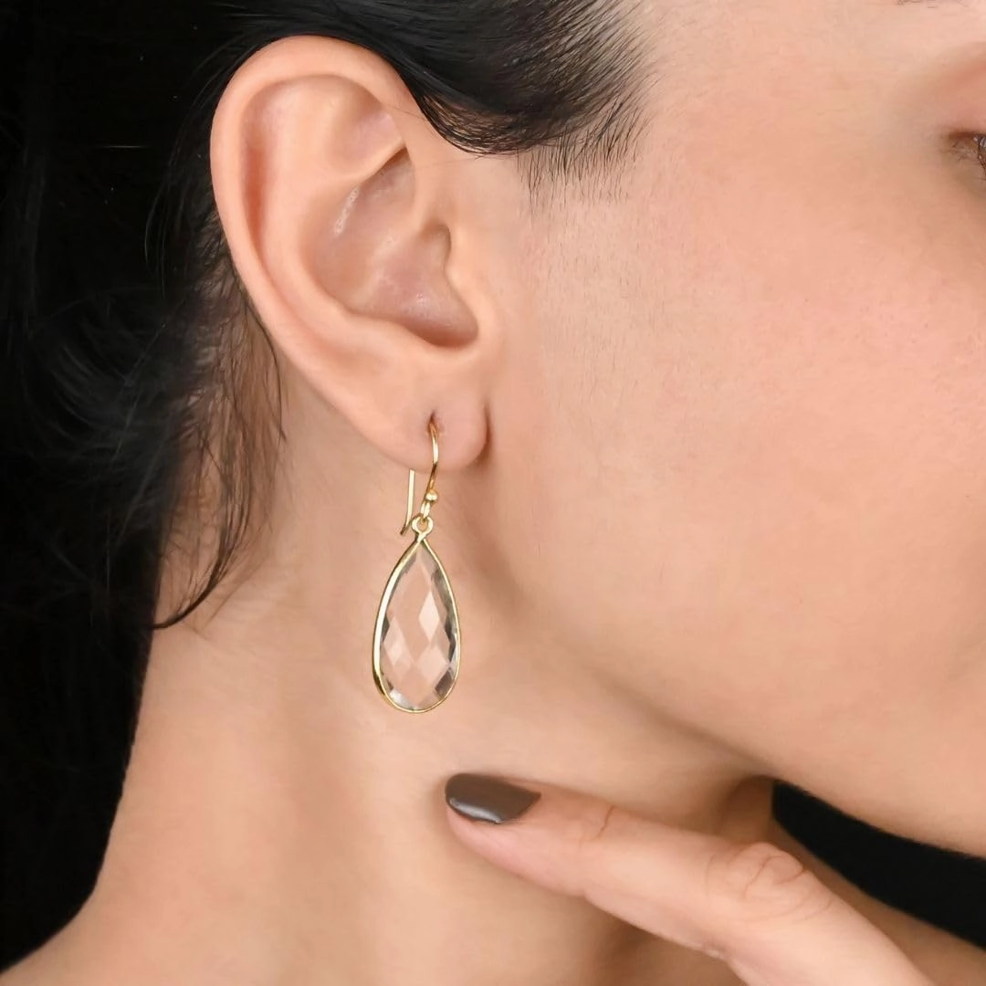 Gempires Amazonite Faceted Long Pear Gemstone Drop Dangle Hook Earrings, Statement Jewelry For Her, 1.5 inch Drop 14K Gold Plated, Gift For Woman (Amazonite)