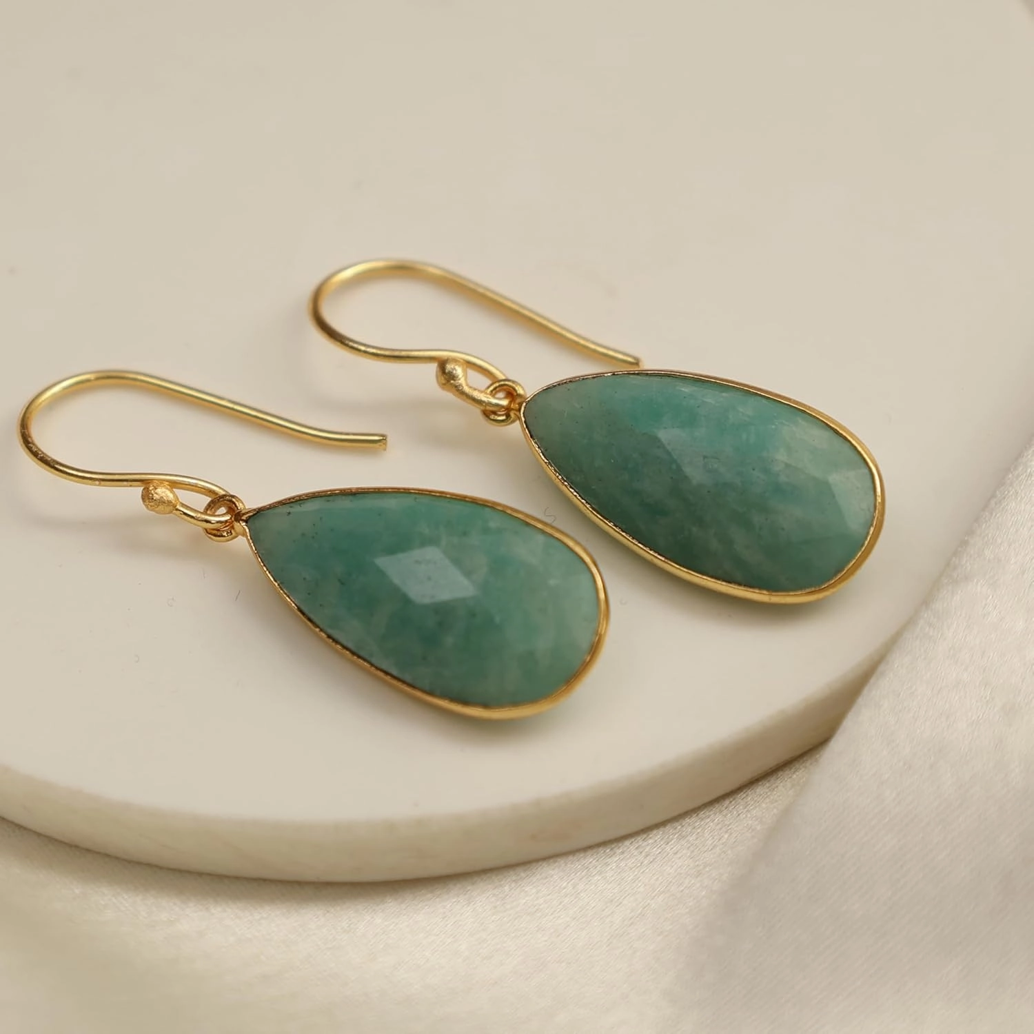 Gempires Amazonite Faceted Long Pear Gemstone Drop Dangle Hook Earrings, Statement Jewelry For Her, 1.5 inch Drop 14K Gold Plated, Gift For Woman (Amazonite)