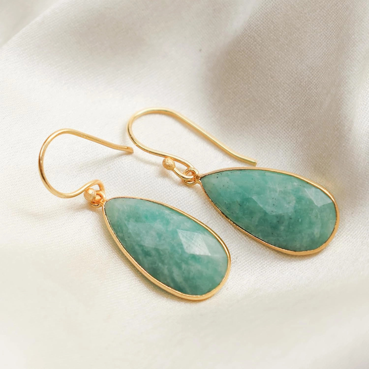 Gempires Amazonite Faceted Long Pear Gemstone Drop Dangle Hook Earrings, Statement Jewelry For Her, 1.5 inch Drop 14K Gold Plated, Gift For Woman (Amazonite)