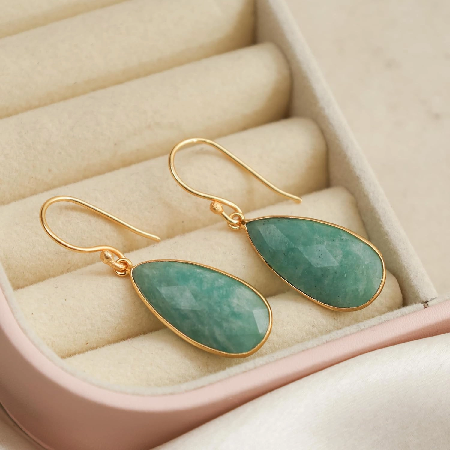 Gempires Amazonite Faceted Long Pear Gemstone Drop Dangle Hook Earrings, Statement Jewelry For Her, 1.5 inch Drop 14K Gold Plated, Gift For Woman (Amazonite)